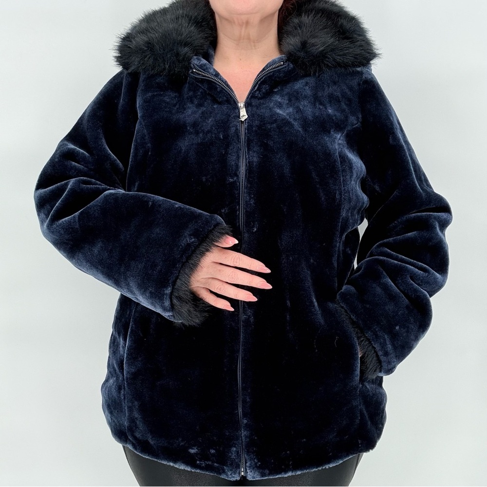 Dennis Basso Midnight Navy Blue Faux Fur Coat Jacket Hooded Plush Womens M Lux - Picture 4 of 16